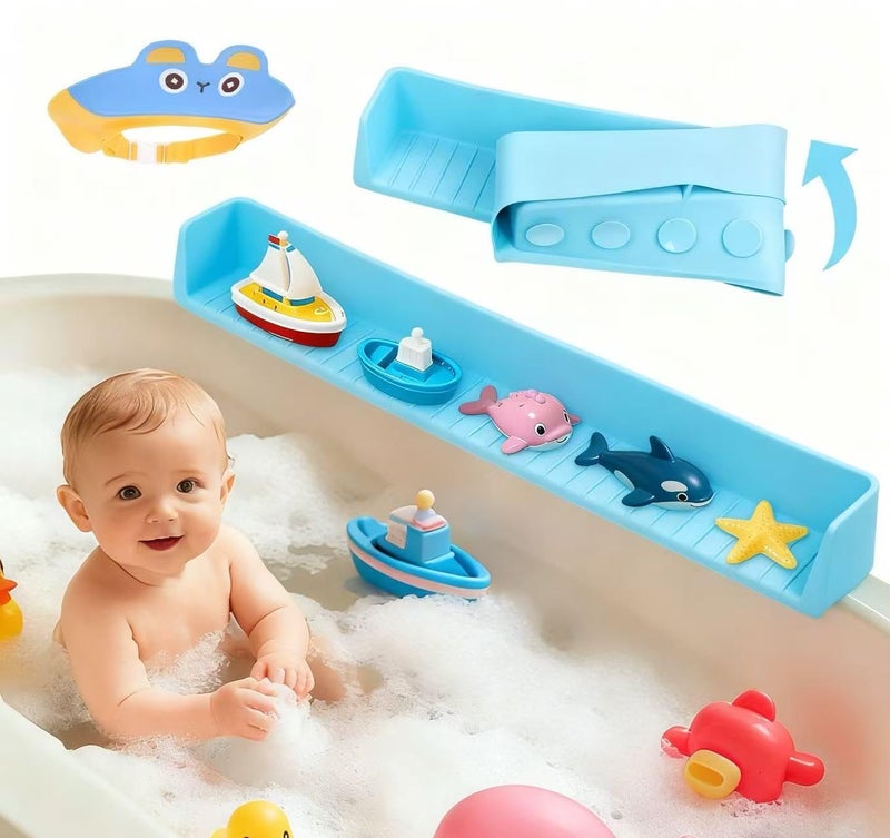 Sgmforge Bathtub Splash Guard for Kids, Long Flexible Silicone Shower Splash Guard with Suction Cups, 2-in-1 Tub Ledge Organizer for Bath Toys & Supplies, Prevents Water Spills, Keeps Floor Dry (Blue) - Image 1